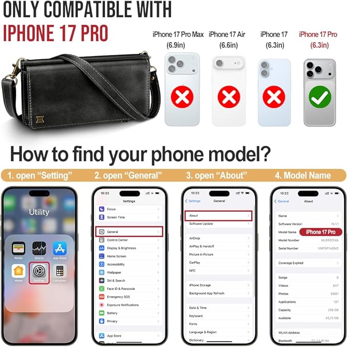 for iPhone 17 Pro Wallet Phone Case with 7 Card Holder,RFID Blocking | PU Leather | Kickstand | Flip | Wrist Strap&Shoulder Strap | Shockproof | Zipper Wallet | Women Men | 6.3" | Black