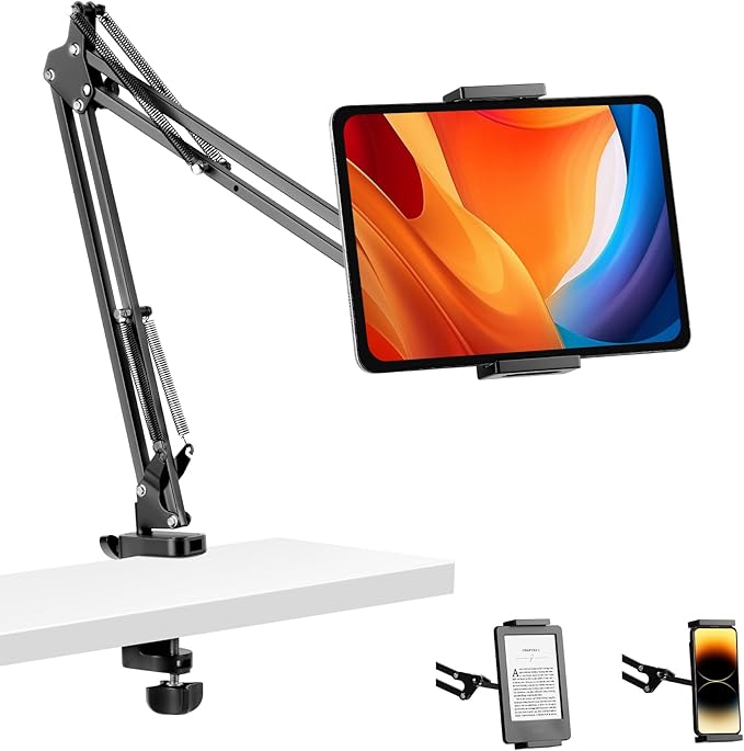 Tablet Holder for Desk, iPad Stand Phone Holder for Desk, Overhead Tablet Desk Mount for Bed with 360° Rotation, Compatible with iPhone iPad Kindle 4.7-13" Devices