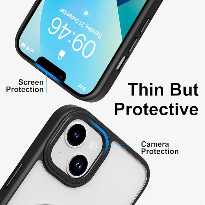 ZIYE Magnetic Case for iPhone 13 Case with Stand [Compatible with MagSafe] Slim Shockproof Military Grade Heavy Duty Cover with 360 Rotatable Ring Kickstand for Women Men, Translucent Black