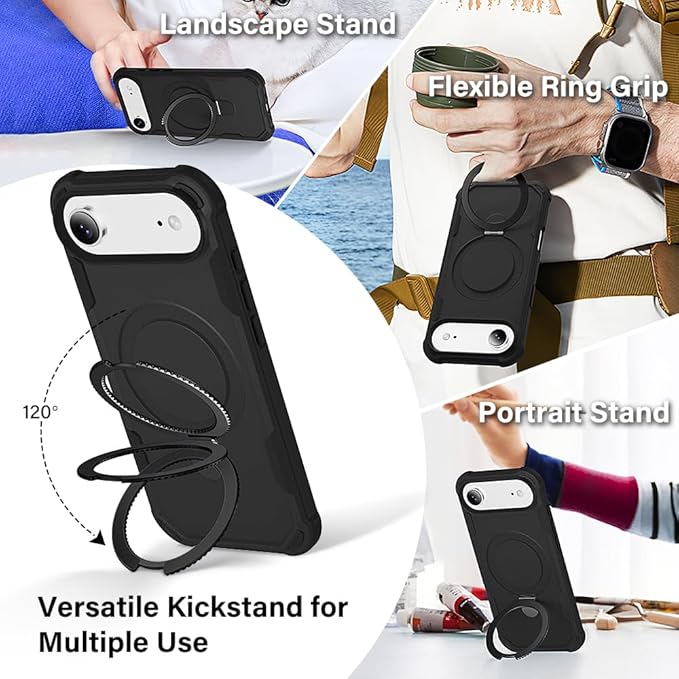 Designed for iPhone 17 Air Case with Magnetic Stand [Military Drop Protection][Compatible with Magnet] Shockproof 17 Air Phone Case with Ring Holder, Black