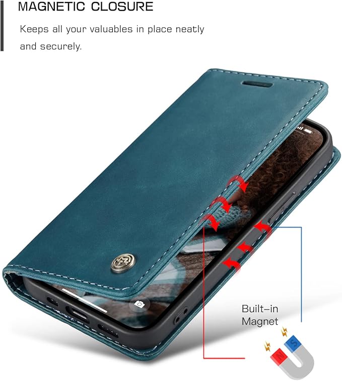 for iPhone 13 Case, Flip Wallet Leather Case with Card Holder Magnetic Closure Shockproof Kickstand Protective Phone Cases Cover for iPhone 13, Blue-Green