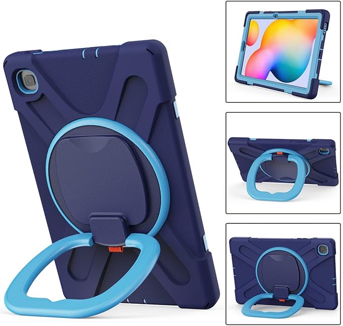 360 Rotation Case for Samsung Galaxy Tab S6 Lite 10.4" Sturdy Cover Rotate Ring Stand Shoulder Carrying Strap Hand Strap Rugged Children Adults Outdoor Case (Navy+Blue)