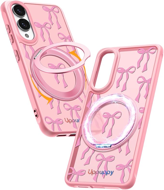 for Samsung Galaxy S25 Edge Case with 360° Rotatable Magnetic Ring - Compatible with MagSafe, Semi-Transparent Soft-Touch Material Shockproof, Cute Pink Ribbon Bow Design for Women Girl
