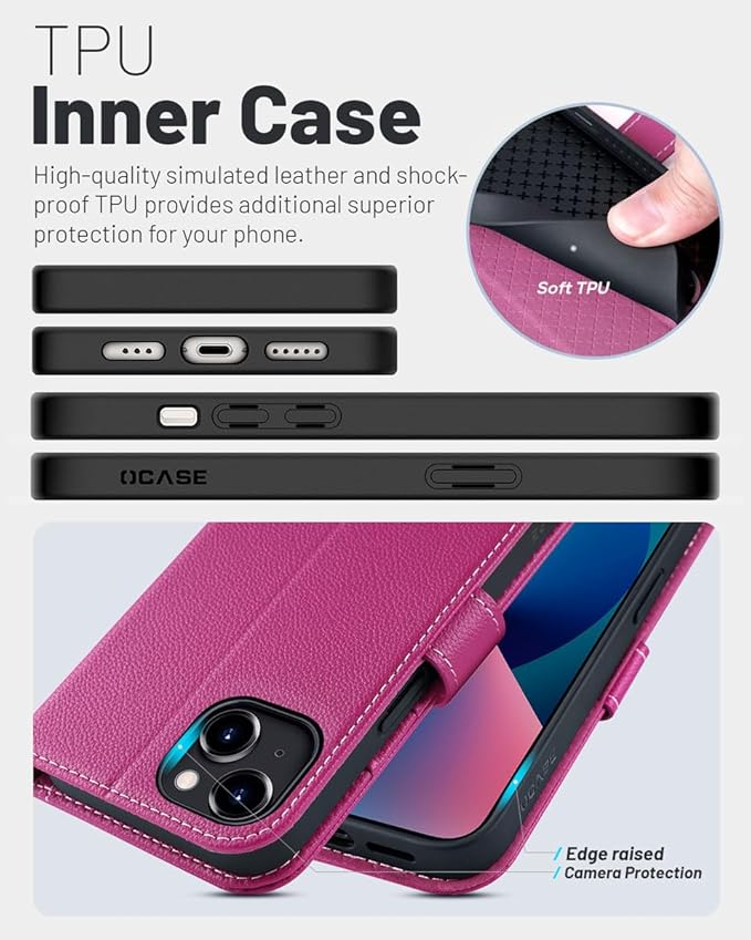 OCASE Compatible with iPhone 15 Wallet Case, PU Leather Flip Folio Case with Card Holders RFID Blocking Kickstand [Shockproof TPU Inner Shell] Phone Cover 6.1 Inch 2023, Litchi Rose
