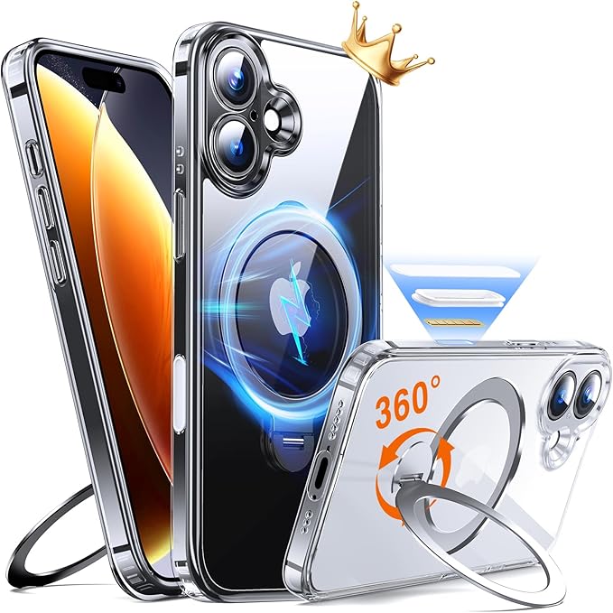 360° O-Ring MagStander for iPhone 16 Case with Magnetic Kickstand Ring Holder [Compatible with MagSafe][360°Rotate Stand Ring][Military Shockproof] iPhone 16 Phone Cover Clear