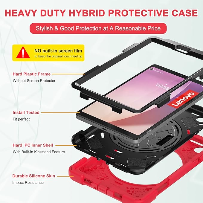 TSQQST for Lenovo Tab M8 Tablet Case 4th Gen 2024 203 Model TB301XU/TB-300FU for Kids | Silicone Rugged Protective Case with Rotating Stand Hand Strap Shoulder Strap for Lenovo Tab M8 Tablet | Red