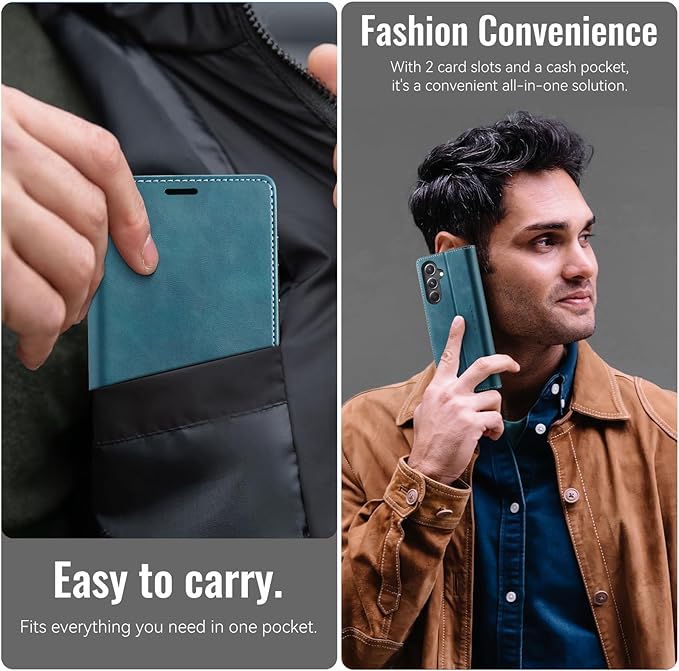 Wallet Case for Samsung Galaxy S23 FE Leather Wallet Flip Cover with Card Holder, Kickstand, Magnetic Closure, RFID Blocking TPU Shockproof Phone Case Compatible with S23FE, Blue-Green