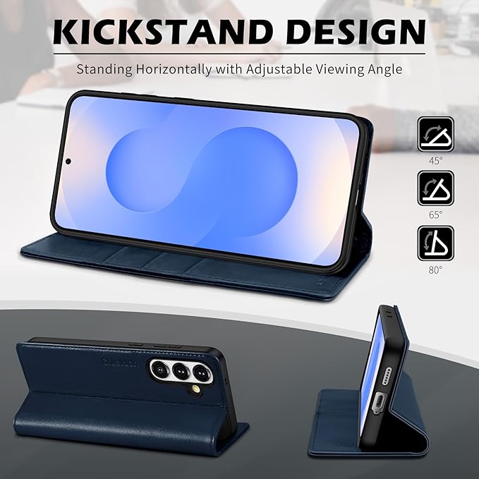 SHIELDON Case for Galaxy S25 FE 6.7" 5G, Genuine Leather Folio Wallet Case Magnetic Kickstand RFID Blocking Card Slots Shockproof Protective Cover Compatible with Galaxy S25 FE 2025 - Nappa Navy Blue