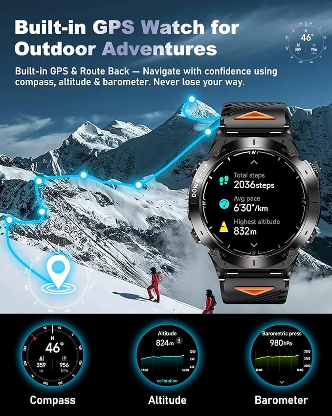 GPS Military Smart Watch for Men with Bluetooth Call, 1.43" AMOLED Waterproof Fitness Tracker with Heart Rate/Sleep Monitor/Flashlight, 170+ Sports Modes, 730mAh Battery for Android/iOS