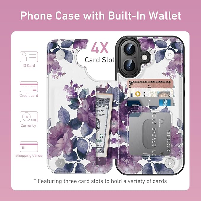 FUNMIKO for iPhone 16 Plus Wallet Case with Card Holder, RFID-Blocking, Military-Grade Protection & UV-Printed Artwork, Magnetic Closure with Leather Kickstand - Elegant Purple Floral