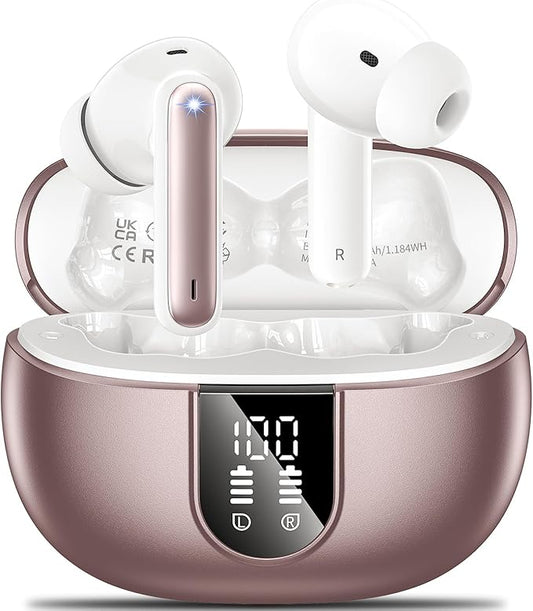 Wireless Earbuds, 2024 Wireless Headphones HiFi Stereo Earphones with 4 ENC Noise Canceling Mic, 42Hs Playtime In Ear Earbud, Bluetooth 5.3 Sport Earphones with LED Power Display for Android iOS Pink