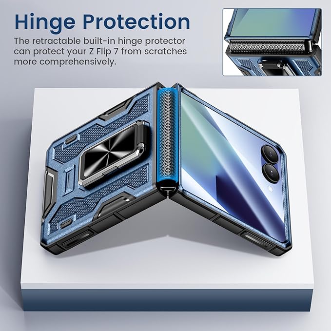 VEGO for Samsung Flip 7 Case with Belt Clip Holster, Hinge Protection Case with 360° Ring Kickstand & Camera Screen Protector Heavy Duty Protective Armor Cover for Galaxy Z Flip 7 - Blue