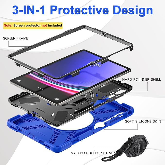 BRAECN for Galaxy Tab S10+Plus/ S9+/S9 FE+/S8+12.4 Inch Case,Heavy Duty Tablet Case with 360 Rotating Stand &Hand Strap, Built-in S Pen Holder, Shoulder Strap for Samsung Galaxy Tab S9 Plus -Blue