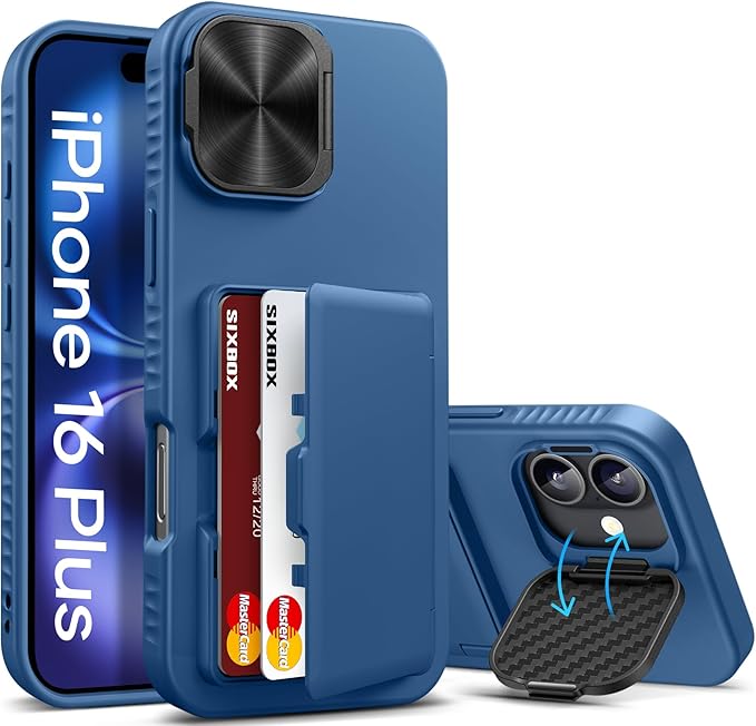 for iPhone 16 Plus Case with Card Holder, Built-in Stand & Camera Lens Cover, Shockproof Rugged Silicone Raised Edge Protective Multifunctional Wallet Phone Case for iPhone 16 Plus 2024, Blue