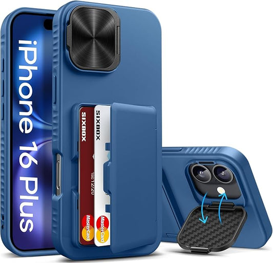 for iPhone 16 Plus Case with Card Holder, Built-in Stand & Camera Lens Cover, Shockproof Rugged Silicone Raised Edge Protective Multifunctional Wallet Phone Case for iPhone 16 Plus 2024, Blue