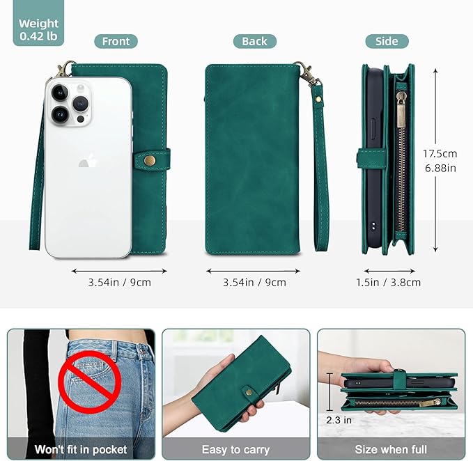 TwoHead Wallet Case Compatible with iPhone 15 Pro Max,Detachable Magnetic Phone Case,All-Round Shockproof Protective Leather Phone Case with Card Holder,6.7 in,Green