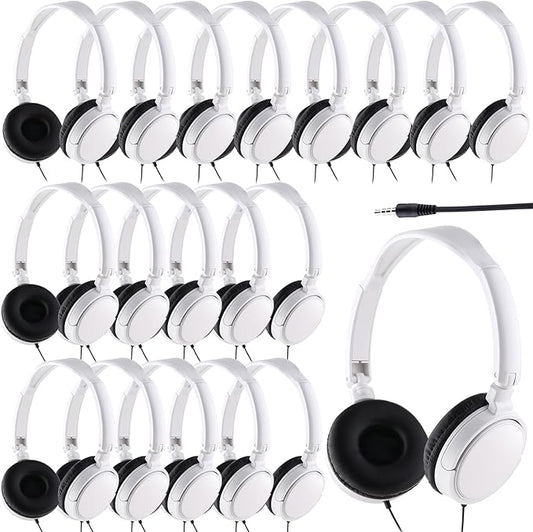 Yunsailing 18 Pack Classroom Headphones Bulk Student Wired Class Headphones Set for Kids School with Individually Wrapped Adjustable Over Ear Head Earbuds(White)