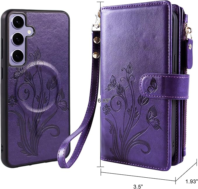 Lacass for Samsung Galaxy S24+ Plus Case Wallet,Compatible with MagSafe 2 in 1 Magnetic Detachable PU Leather RFID Blocking Wallet Cover Card Holder Zipper Wrist Strap Lanyard,Floral Purple