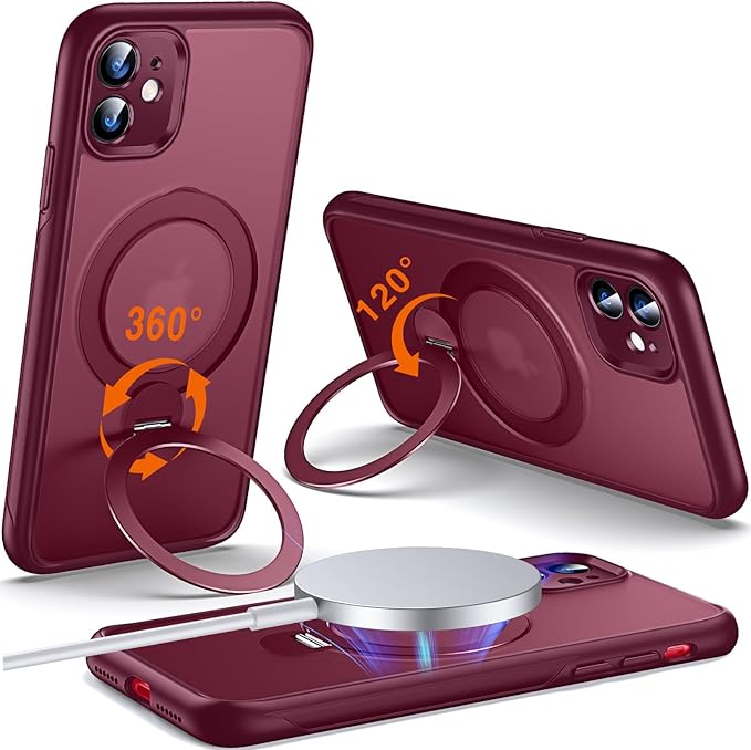 360° O-Ring MagStander for iPhone 11 Case with Magnetic Kickstand Ring Holder [Compatible with MagSafe][360°Rotate Stand Ring][Military Shockproof] Magnet iPhone 11 Phone Cover Burgundy