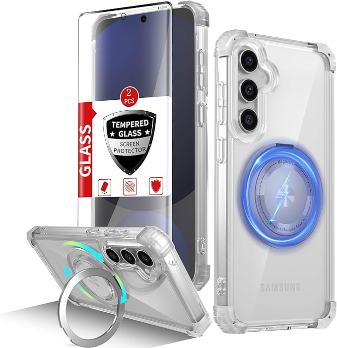 for Samsung Galaxy S24 FE Case Magnetic Compatible with MagSafe,with 2 Screen Protector,Built-in Camera Cover+Stand Ring,Military Grade Drop Shockproof Heavy Duty Protection Phone Bumper Clear