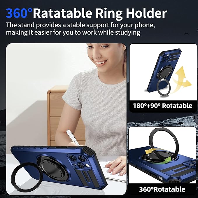 for iPhone 11 Pro Max Case Magnetic Compatible with MagSafe,with 2 Screen Protector,Built-in Camera Cover+Kickstand Ring,Military Grade Drop Shockproof Heavy Duty Protection Phone Bumper Blue