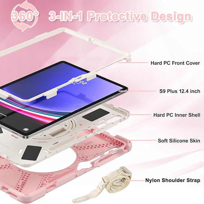 BRAECNstock for Samsung Galaxy Tab S10+ Plus/ S9 FE+ Plus/ S9+ Plus/ S8+ Plus/ S7 FE/ S7+ Plus 5G Case 12.4" Shockproof Protective Kids Cover with Rotating Hand Strap & Stand Pen Holder - Sakura Pink