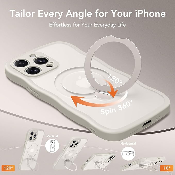 GolbinBox for iPhone 14 Pro Case for Women,[Compatible with Magsafe][360° Spin Magnetic Stand][Cute Wave Edge][Military-Grade Protection] Translucent Matte Phone Case for iPhone 14 Pro, Stone