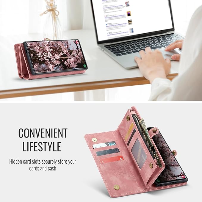 SZHAIYU 2 in 1 Detachable for Samsung Galaxy S25 Ultra Wallet Case with Card Holder, Retro Premium Flip Leather Cover Magnetic Zipper Pocket Phone Cases 6.8'' (Pink, S25 Ultra)