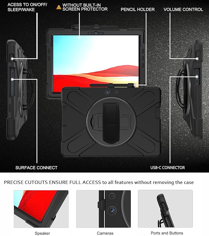 DreamerX for Microsoft Surface Pro X 13 inch Case 2019/2020/2021, Heavy Duty Military-Grade Shockproof Rugged Drop Protective Silicone Cover with Rotating Stand Hand Strap Shoulder Strap Pencil Holder