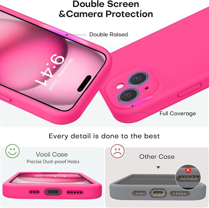 Vooii Compatible with iPhone 15 Plus Case, Upgrade Liquid Silicone [Enhanced Camera Protection] [Soft Anti-Scratch Microfiber Lining] Shockproof Phone Case for iPhone 15 Plus 6.7 inch - Hot Pink