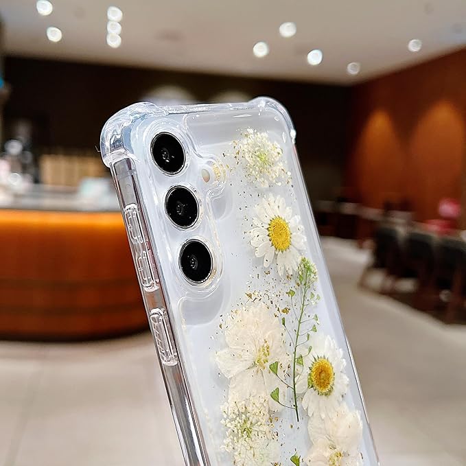 Compatible with Samsung Galaxy S24 Plus Case Cute Pressed Dried Real Flowers Design Women Girly Shockproof Gliter Bling Floral Clear Phone Cover for Galaxy S24+ (White Flower)
