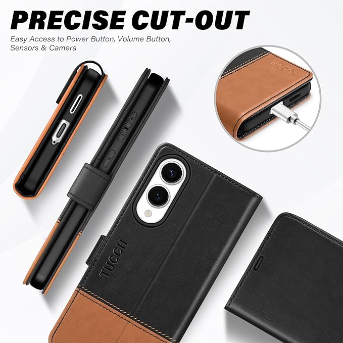 TUCCH Wallet Case for Galaxy S25 Edge 5G, Magnetic PU Leather Stand RFID Blocking [4 Card Slots] Folio Protective Cover with TPU Shockproof Inner Shell Compatible with Galaxy S25 Edge, Black & Brown