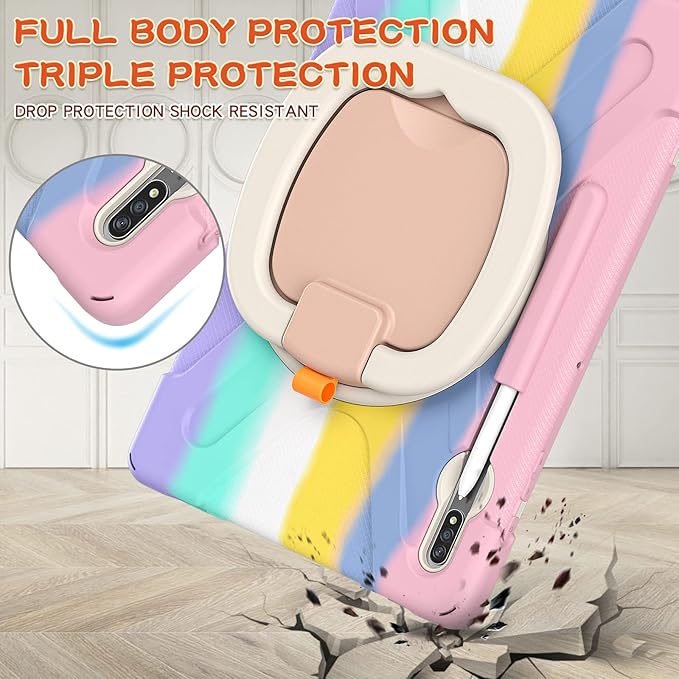 360 Rotation Portable Case for Galaxy Tab S8+/S7 FE/S7+ 12.4 Inch Case with S Pen Holder Rugged Case Rotating Stand Hand Strap Shoulder Carrying Strap Outdoor Cover (Colourful Pink)