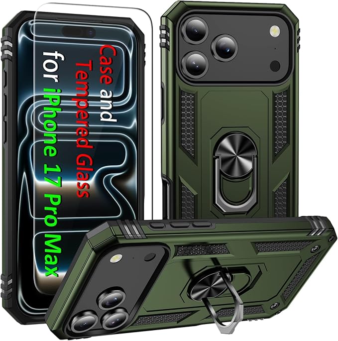 ADDIT Compatible with iPhone 17 Pro Max Case with Tempered Glass Screen Protector, Adjustable Kickstand Ring, Military-Grade Heavy Duty Protection, Shockproof, Anti-Fingerprint,ArmyGreen