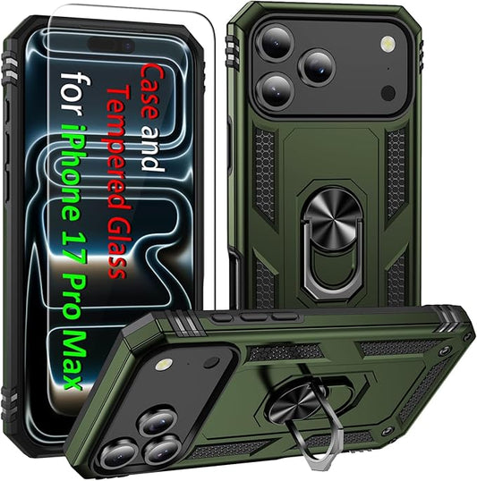 ADDIT Compatible with iPhone 17 Pro Max Case with Tempered Glass Screen Protector, Adjustable Kickstand Ring, Military-Grade Heavy Duty Protection, Shockproof, Anti-Fingerprint,ArmyGreen