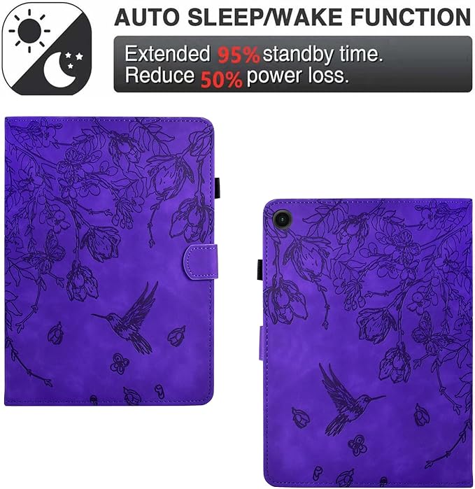 KEROM Case for Samsung Galaxy Tab A9+ Plus 11 Inch 2024 2023 (SM-X210/X216/X218), Embossed Suede Leather Folio Stand Cover with Auto Wake/Sleep & Card Slot & Pen Holder - Purple Bird Flower Embossing