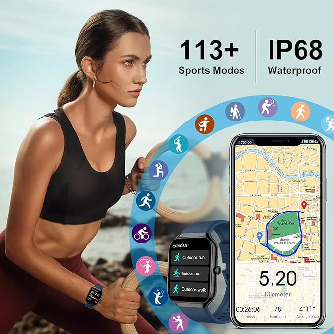 Smart Watch for Men Women (Answer/Make Call), 1.96"HD Smartwatch with Heart Rate/Sleep Monitor/Pedometer, 113+ Sports Fitness Tracker Watches, IP68 Waterproof Activity Tracker for Android iOS-Blue