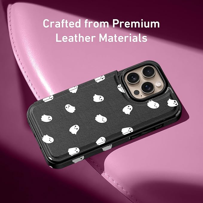 FUNMIKO for iPhone 16 Pro Max Wallet Case with Card Holder, RFID-Blocking, Military-Grade Protection & UV-Printed Artwork, Magnetic Closure with Leather Kickstand - Cute Ghost