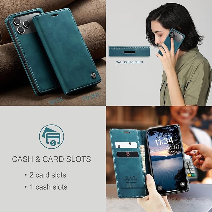 for iPhone 17 Pro Case, Flip Wallet Leather Case with Card Holder Magnetic Closure Shockproof Kickstand Protective Phone Cases Cover for iPhone 17 Pro, Blue-Green