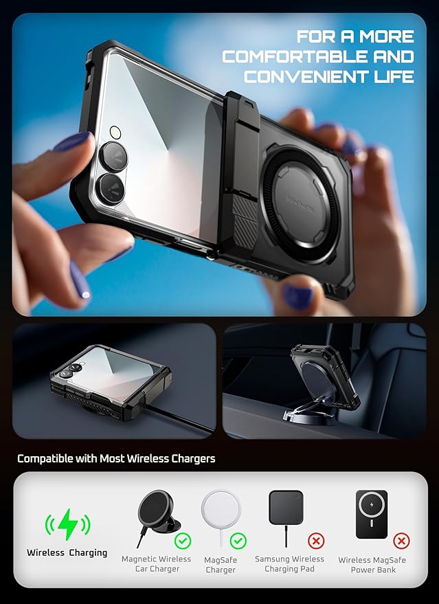 SUPCASE for Samsung Galaxy Z Flip 7 Case with Stand & Front Screen Protector (Unicorn Beetle Grip), [Support MagSafe] [Hinge Protection] Full Body Military-Grade Translucent Back Phone Cover, Black