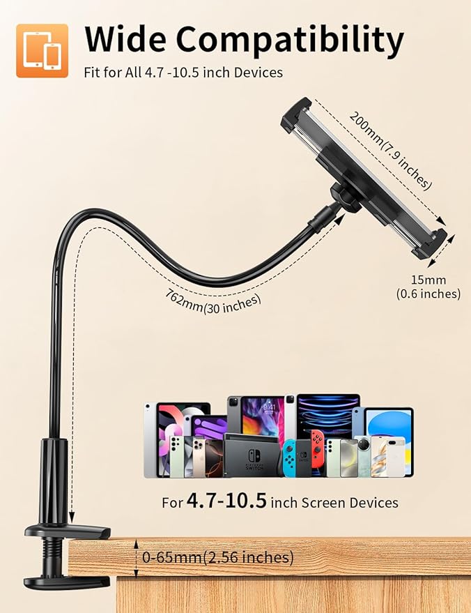 Gooseneck Tablet Holder Stand for Bed Adjustable Flexible Long Arm Tablets Mount Clamp on Table Compatible with iPad Air Mini | Galaxy Tabs | Kindle Fire | Switch or Other 4.7-12.9" Devices