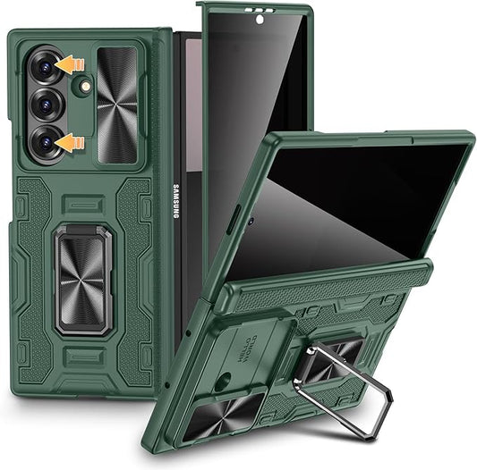 VEGO for Samsung Galaxy Z Fold 7 Case with Hinge Protection, Full-Body Case Built-in Privacy Screen Protector & Slide Camera Cover & Rotat Ring Stand Shockproof Hard Phone Case for Galaxy Fold 7-Green