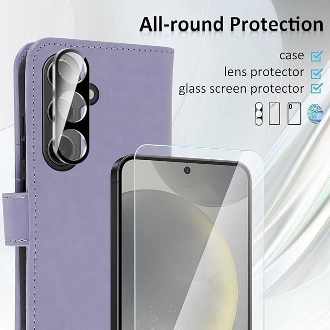 MONASAY Wallet Case Fit for Samsung Galaxy S24+ Plus 5G, [Lens & Glass Screen Protector Included] [RFID Blocking] Flip Folio Leather Cell Phone Cover with Credit Card Holder, Lavenders