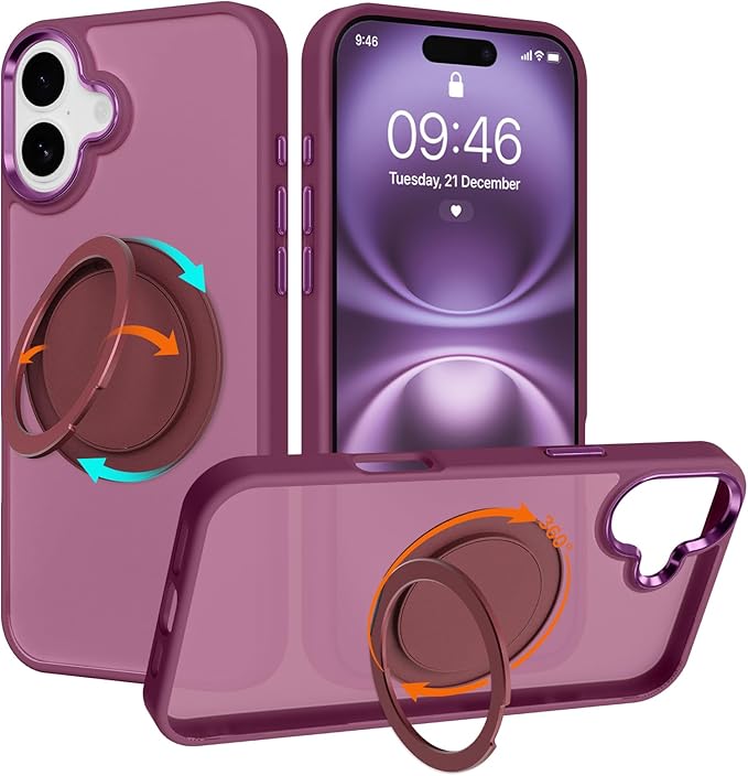 ZIYE Wine Red Case for iPhone 16 Plus Case with Stand [Compatible with MagSafe] Slim Heavy Duty Protection Military Grade Shockproof Magnetic Cover with 360 Rotatable Ring Kickstand for Women Men