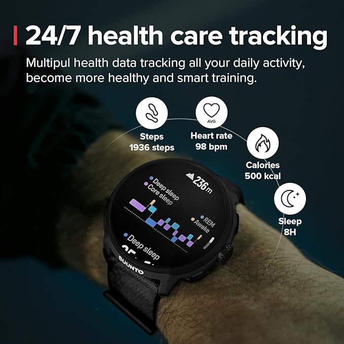 SUUNTO Run Sports Watch, 1.32" AMOLED Touchscreen w/Crown Button, 12D Battery Life, Dualband Accurate GPS, Wrist Heart-Rate & Sleep Health Tracking, 35g Lightweight & 4GB Offline Music, All Black