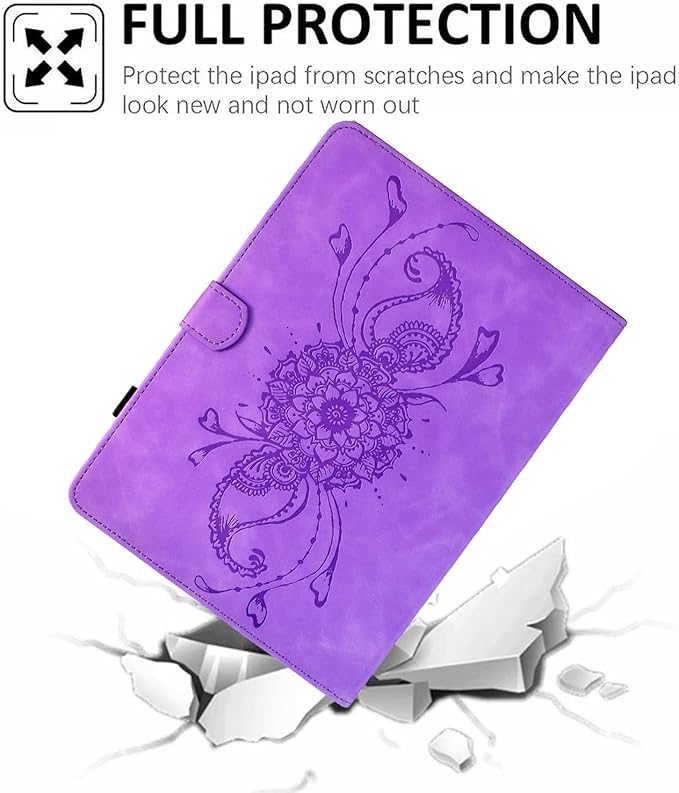 Mandala Flower Case Compatible with Galaxy Tab A9+ Plus 11 Inch 2024 2023 (SM-X210/X216/X218), Cute Elegant Embossed Suede Leather Folio Stand Case Protective Cover with Auto Wake/Sleep, Purple
