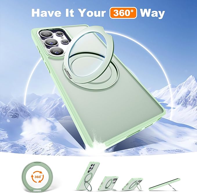 for Samsung Galaxy S25 Ultra Case with 360°Rotatable Magnetic Ring Stand Compatible with Mag-Safe Military Protection Shockproof Matte Translucent Phone Cases for S25 Ultra 6.9",Green