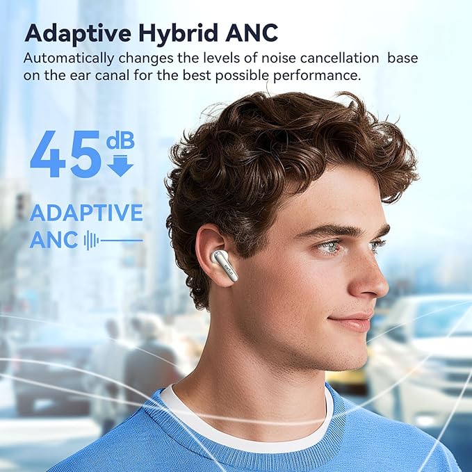 EarFun Air 2 NC Wireless Earbuds, Adaptive Hybrid Noise Cancelling Earbuds, 6 Mics AI ENC Call, Hi-Res Sound, 40H Playtime, Bluetooth 5.3, LDAC, Multipoint Connection, Wireless Charge, White