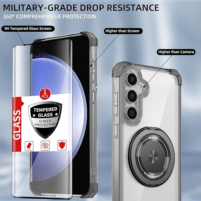 for Samsung Galaxy S23 FE Case Magnetic Compatible with MagSafe,with 2 Screen Protector,Built-in Camera Cover+Stand Ring,Military Grade Drop Shockproof Heavy Duty Protection Phone Bumper Black