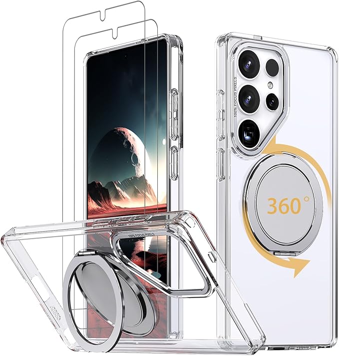 Magnetic Stand Case for Samsung Galaxy S25 Ultra [with 2 Tempered Glass Film] [360° Rotation Magnetic Stand] [Compatible with Magsafe] Military-Grade Drop Protection Case, Clear